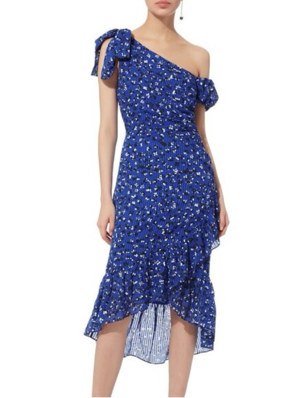 One-Shoulder Blue Floral Midi Dress‎